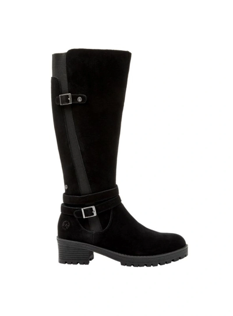 Bota alta negra con doble hebilla, vista lateral